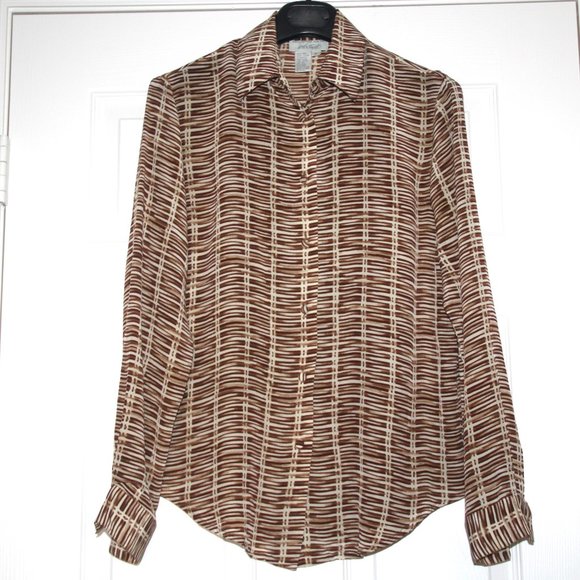 Lord & Taylor Vintage Silk Brown Cream Print Blouse Shirt Long Sleeve Top Size 4 - Picture 5 of 8
